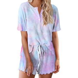 Ekouaer Pajamas Set for Women Short Sleeve Lounge Set 2 Piece Soft Cute Pjs(Tie Dye Light Blue Purple)