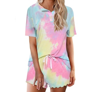 Ekouaer Pajamas Set for Women Short Sleeve Lounge Set 2 Piece Soft Cute Pjs(Tie Dye Pink Yellow)