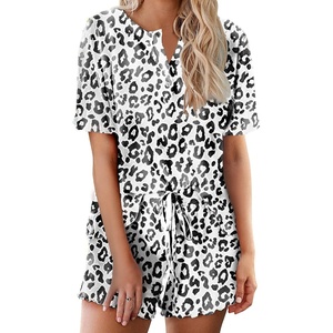 Ekouaer Pajamas Set for Women Short Sleeve Lounge Set 2 Piece Soft Cute Pjs(White Black Leopard)