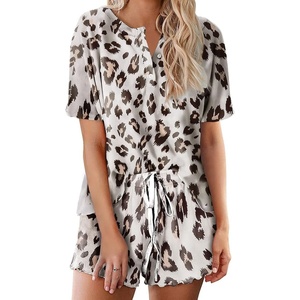 Ekouaer Pajamas Set for Women Short Sleeve Lounge Set 2 Piece Soft Cute Pjs(White Brown Leopard)