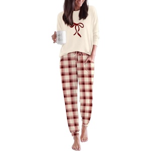 Ekouaer Pajamas for Women Set 2 Piece Long Sleeve Pjs Casual Lounge Sets(Wine White Plaid)