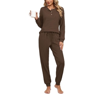 Ekouaer Womens Pajama Sets 2 Piece Soft Pjs Long Sleeve Lounge Set(Brown)
