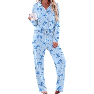 Ekouaer Womens Pajama Sets Long Sleeve Button Down Lounge Sets with Pockets(Light Blue Bow)