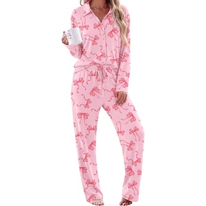 Ekouaer Womens Pajama Sets Long Sleeve Button Down Lounge Sets with Pockets(Pink Bow)