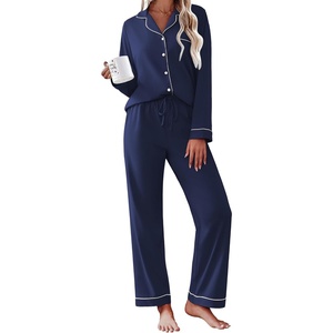 Ekouaer Womens Pajamas Set Cotton Long Sleeve Button Up 2 Piece Lounge Pjs(Navy)