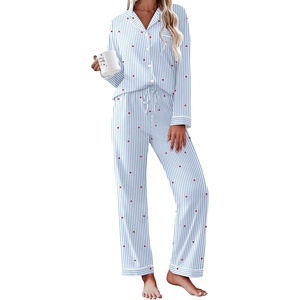 Ekouaer Womens Pajamas Set Cotton Long Sleeve Button Up 2 Piece Lounge Pjs(Striped Blue Heart)