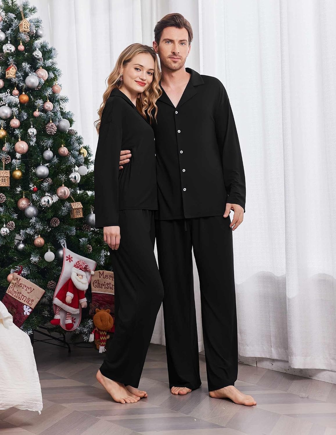image:imageEkouaer Matching Christmas Pajamas for Couples Long Sleeve Button Up PJ SetBlack