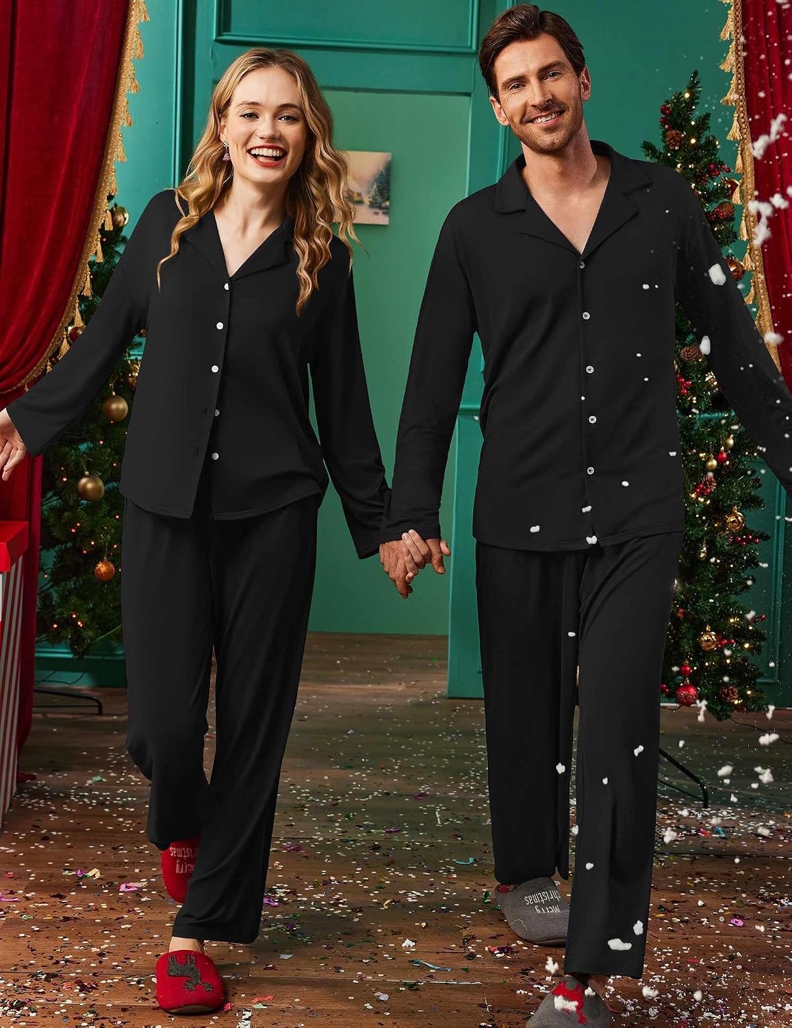 image:imageEkouaer Matching Christmas Pajamas for Couples Long Sleeve Button Up PJ SetBlack