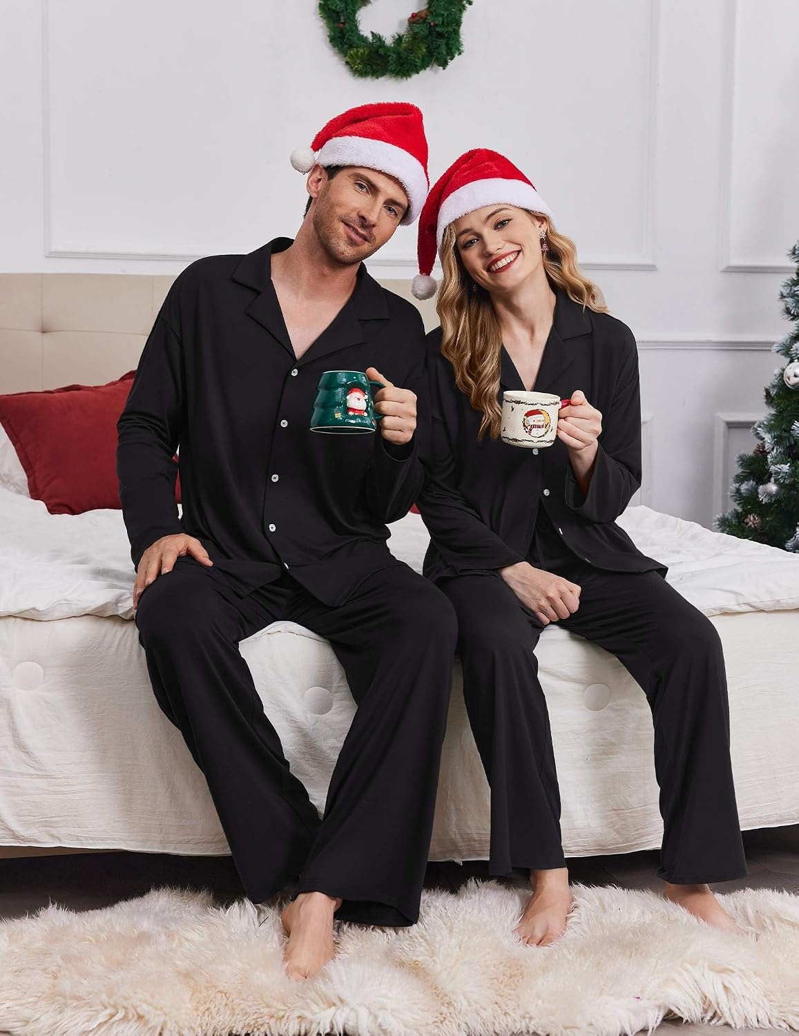 image:imageEkouaer Matching Christmas Pajamas for Couples Long Sleeve Button Up PJ SetBlack