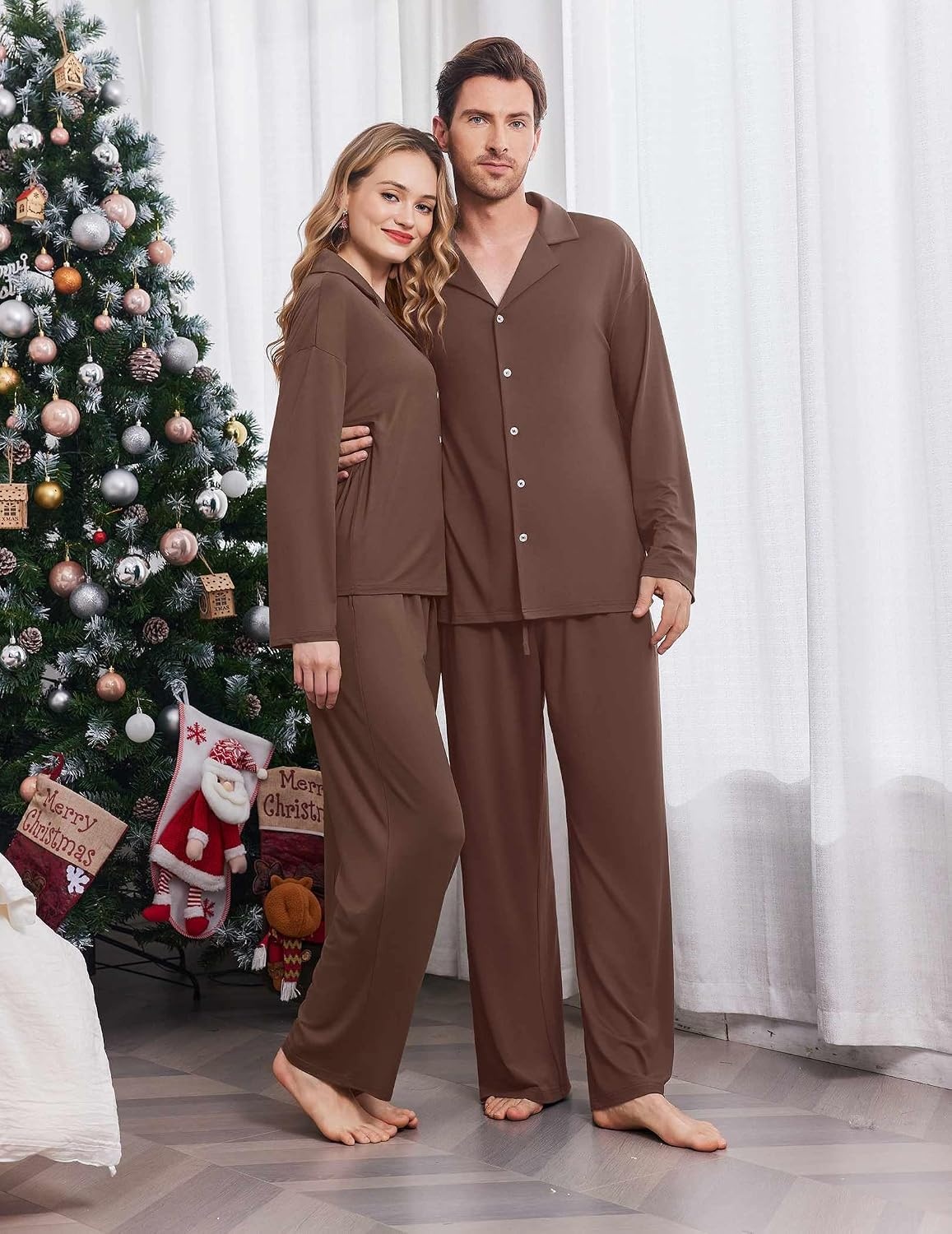 image:imageEkouaer Matching Christmas Pajamas for Couples Long Sleeve Button Up PJ SetBrown