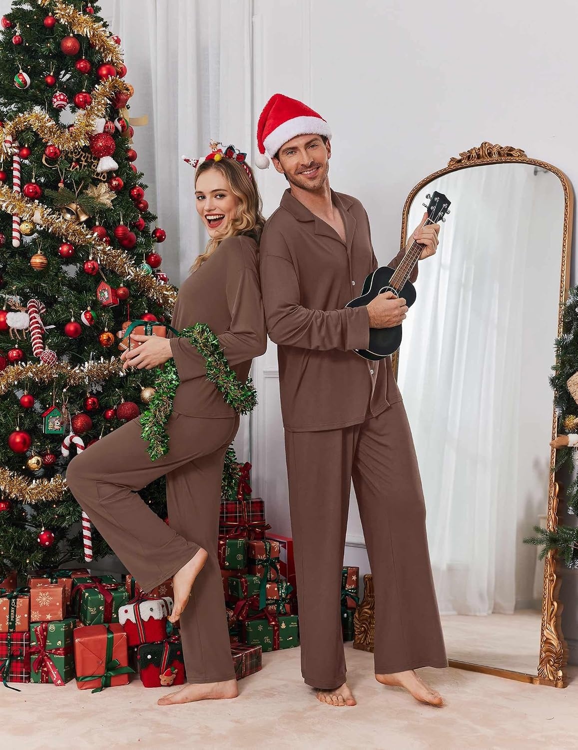 image:imageEkouaer Matching Christmas Pajamas for Couples Long Sleeve Button Up PJ SetBrown