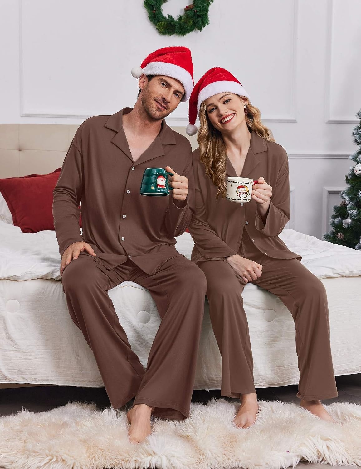 image:imageEkouaer Matching Christmas Pajamas for Couples Long Sleeve Button Up PJ SetBrown