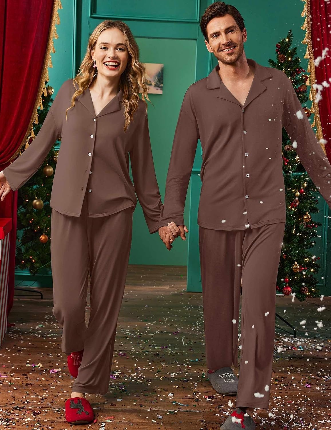 image:imageEkouaer Matching Christmas Pajamas for Couples Long Sleeve Button Up PJ SetBrown