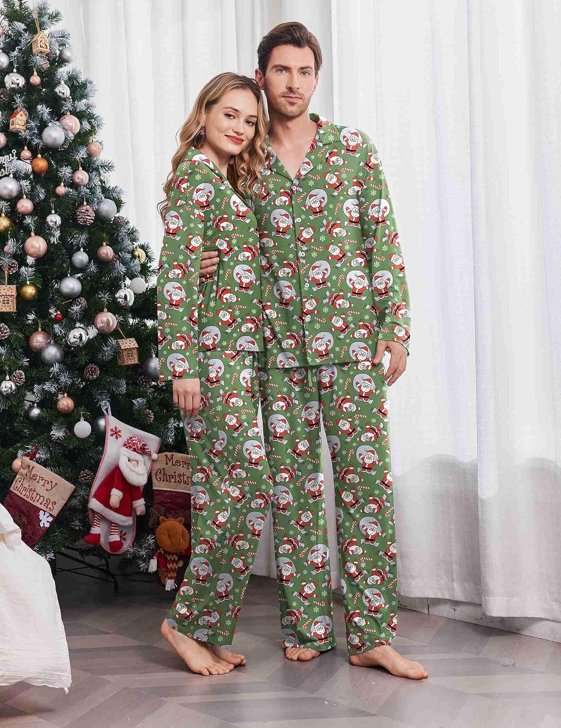 image:imageEkouaer Matching Christmas Pajamas for Couples Long Sleeve Button Up PJ SetGreen Santa