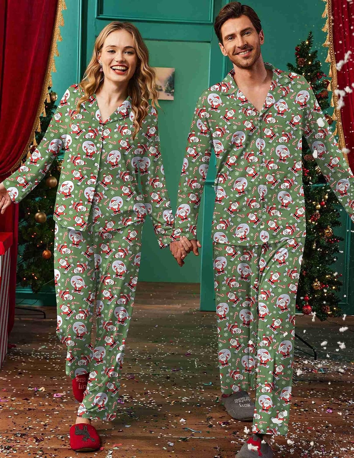 image:imageEkouaer Matching Christmas Pajamas for Couples Long Sleeve Button Up PJ SetGreen Santa