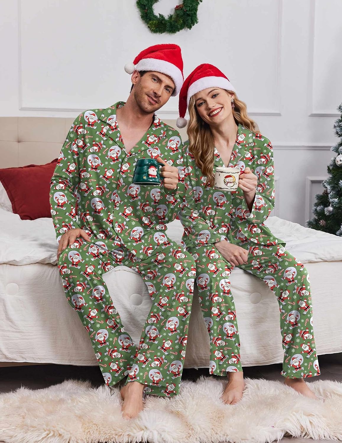 image:imageEkouaer Matching Christmas Pajamas for Couples Long Sleeve Button Up PJ SetGreen Santa