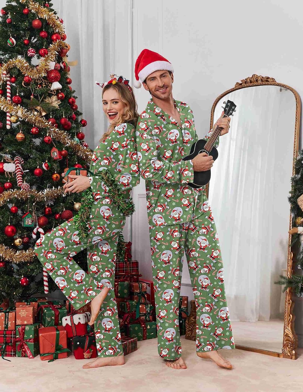 image:imageEkouaer Matching Christmas Pajamas for Couples Long Sleeve Button Up PJ SetGreen Santa