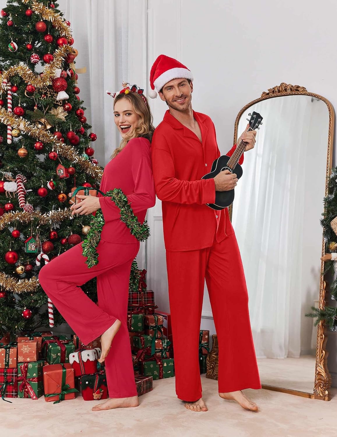 image:imageEkouaer Matching Christmas Pajamas for Couples Long Sleeve Button Up PJ SetRed