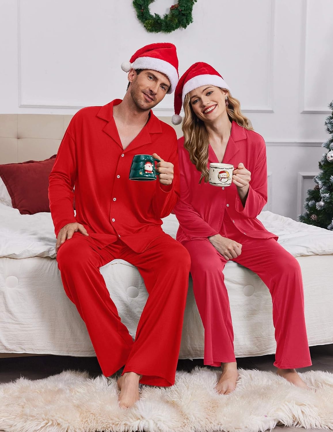 image:imageEkouaer Matching Christmas Pajamas for Couples Long Sleeve Button Up PJ SetRed