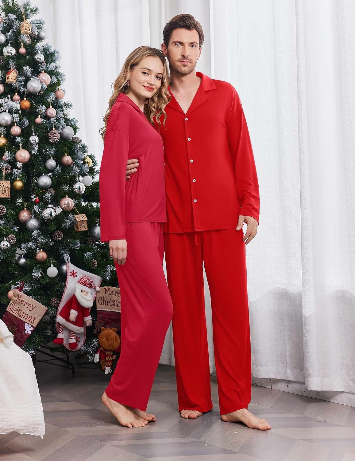 image:imageEkouaer Matching Christmas Pajamas for Couples Long Sleeve Button Up PJ SetRed
