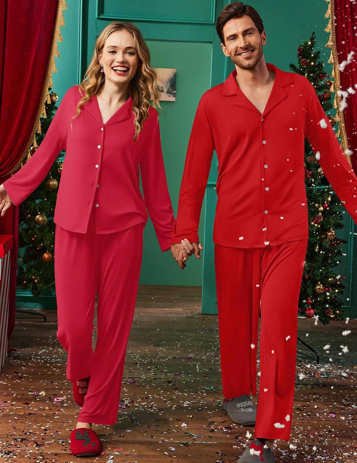 image:imageEkouaer Matching Christmas Pajamas for Couples Long Sleeve Button Up PJ SetRed