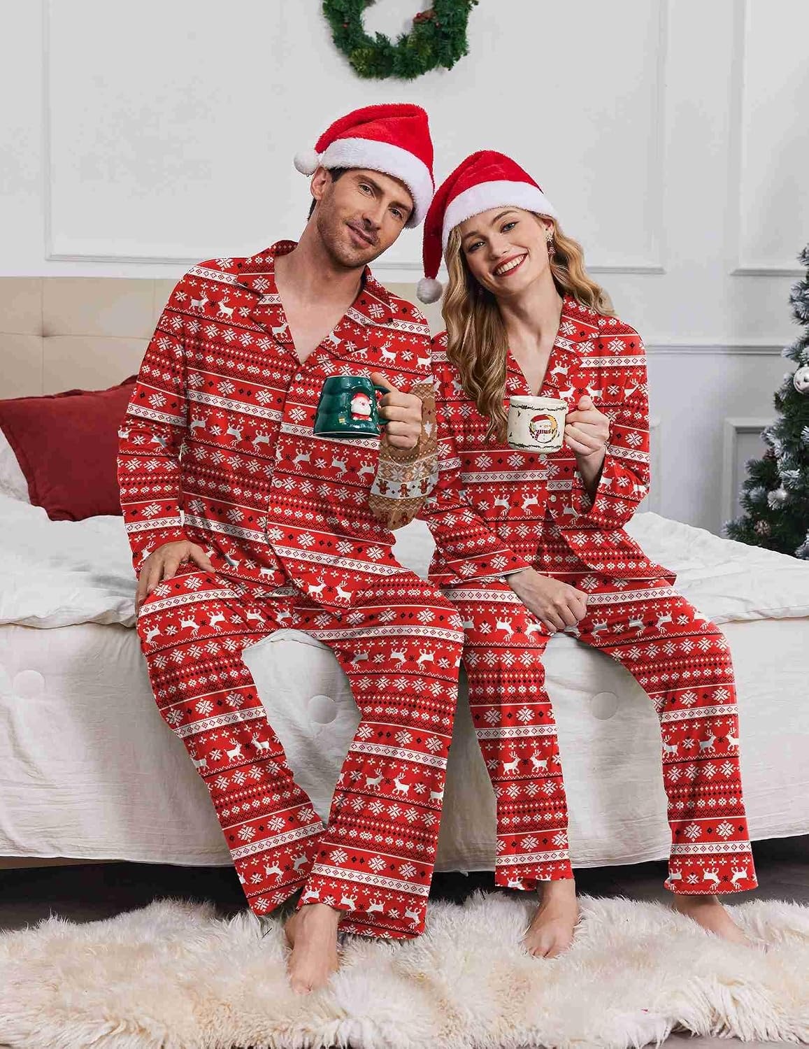 image:imageEkouaer Matching Christmas Pajamas for Couples Long Sleeve Button Up PJ SetRed Elk