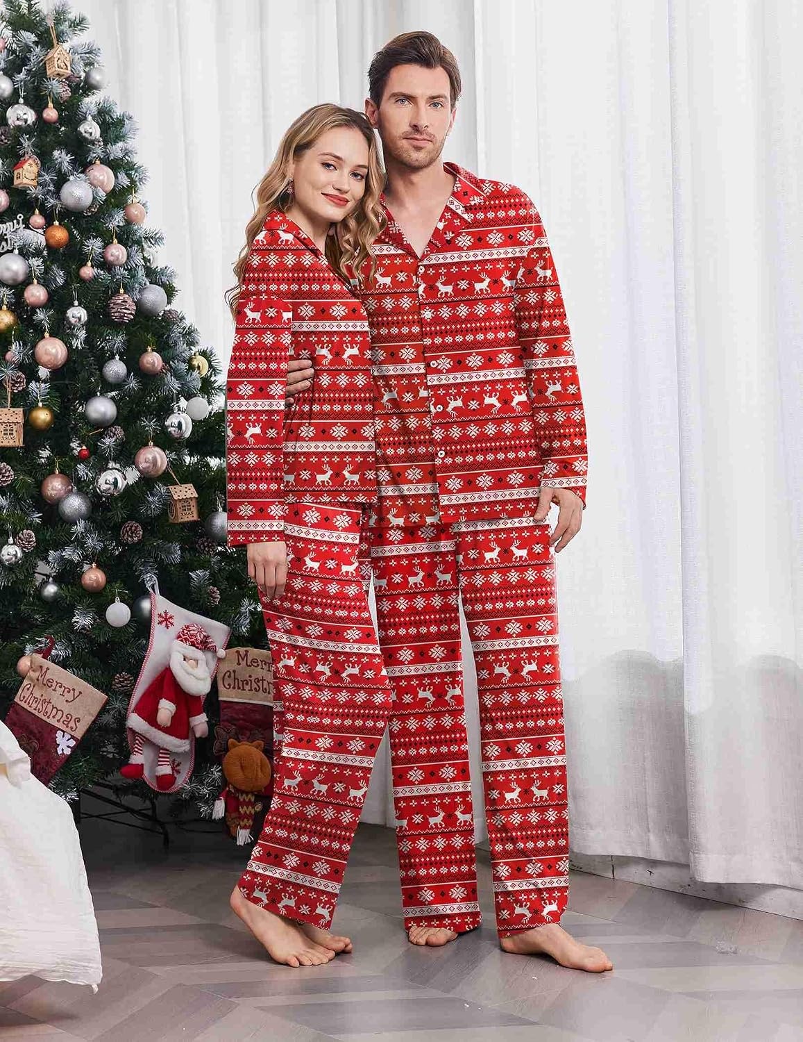 image:imageEkouaer Matching Christmas Pajamas for Couples Long Sleeve Button Up PJ SetRed Elk