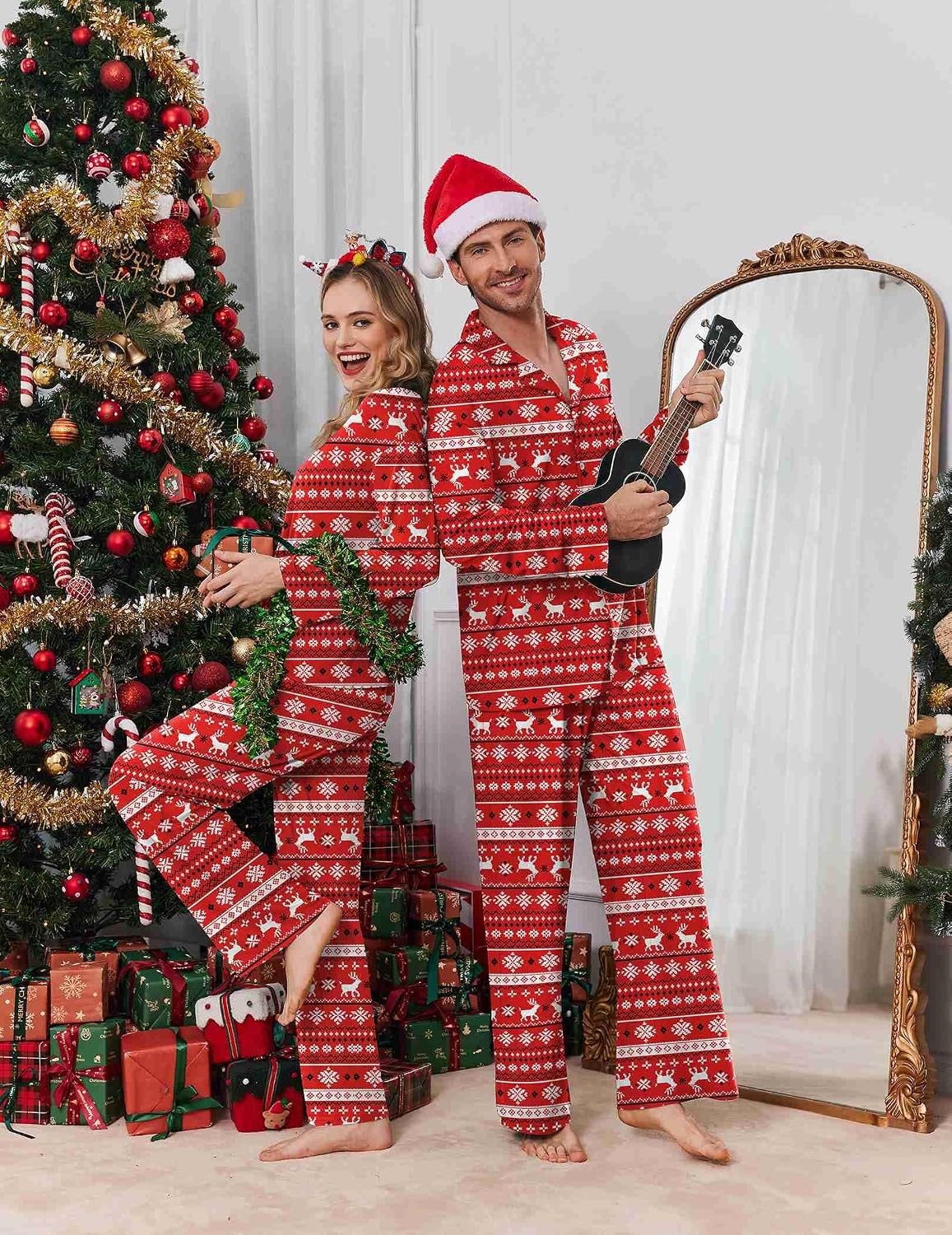 image:imageEkouaer Matching Christmas Pajamas for Couples Long Sleeve Button Up PJ SetRed Elk