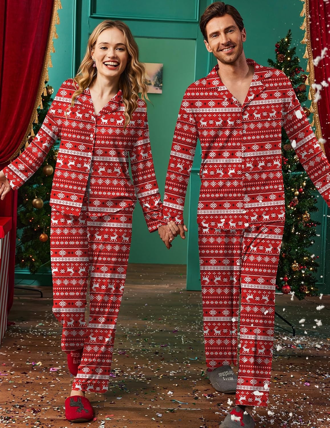 image:imageEkouaer Matching Christmas Pajamas for Couples Long Sleeve Button Up PJ SetRed Elk