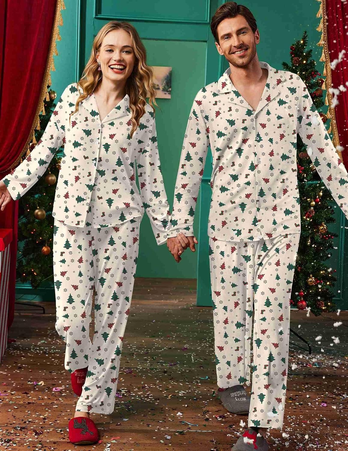 image:imageEkouaer Matching Christmas Pajamas for Couples Long Sleeve Button Up PJ SetWhite Tree