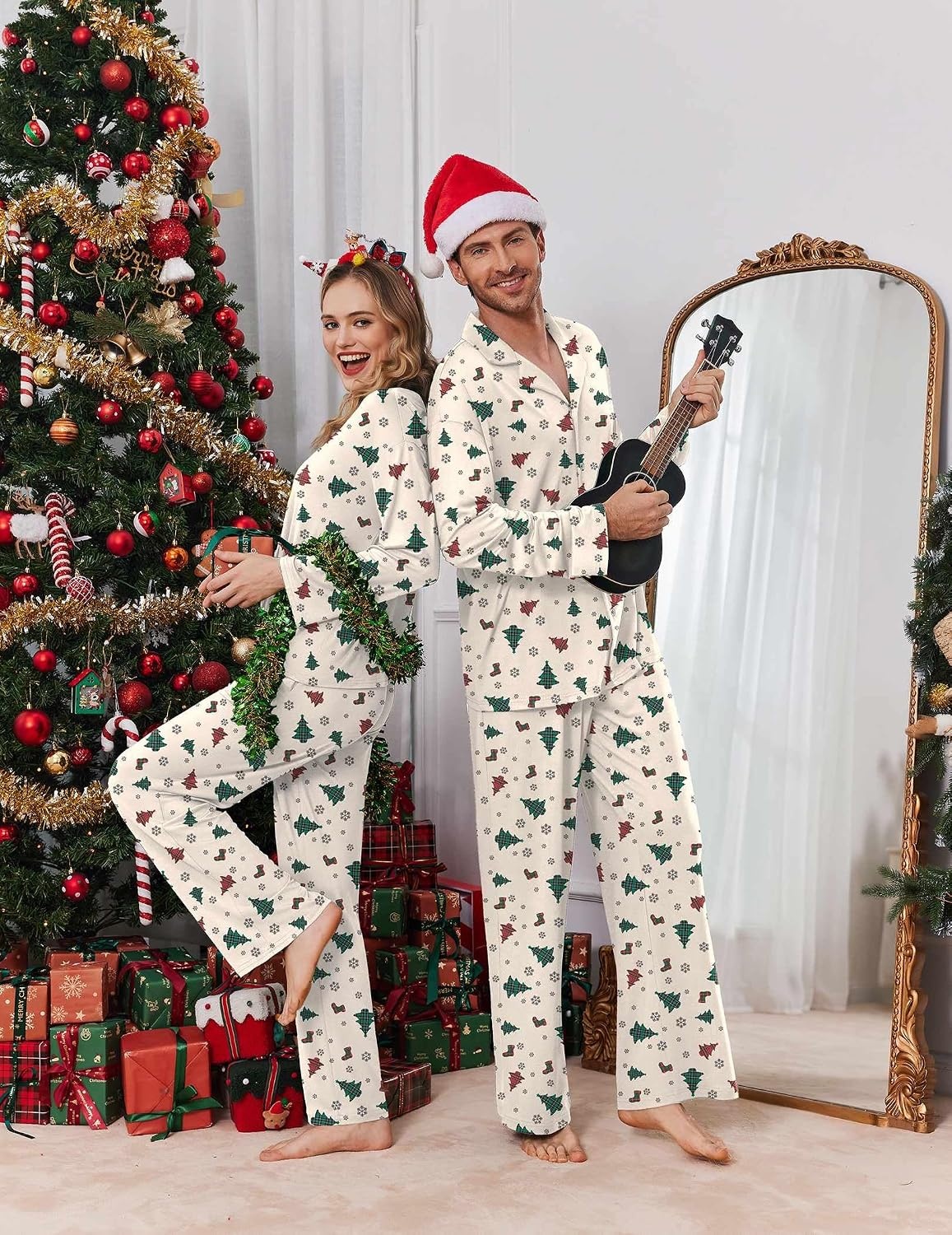 image:imageEkouaer Matching Christmas Pajamas for Couples Long Sleeve Button Up PJ SetWhite Tree