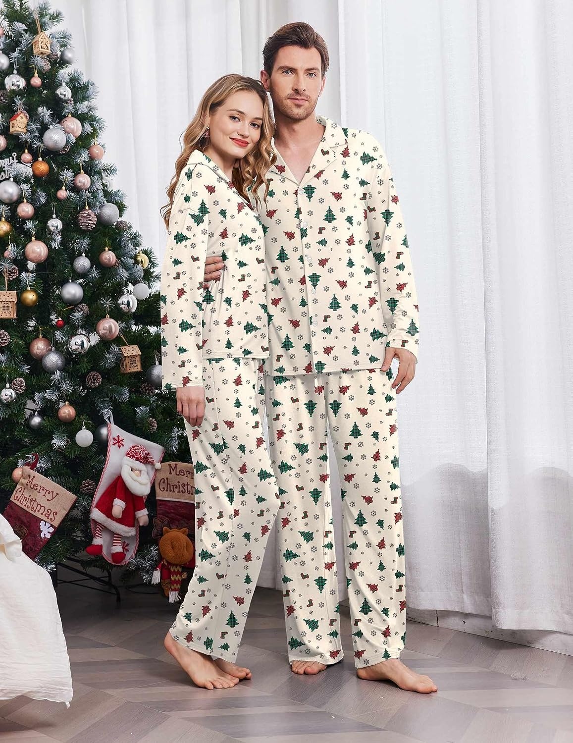 image:imageEkouaer Matching Christmas Pajamas for Couples Long Sleeve Button Up PJ SetWhite Tree
