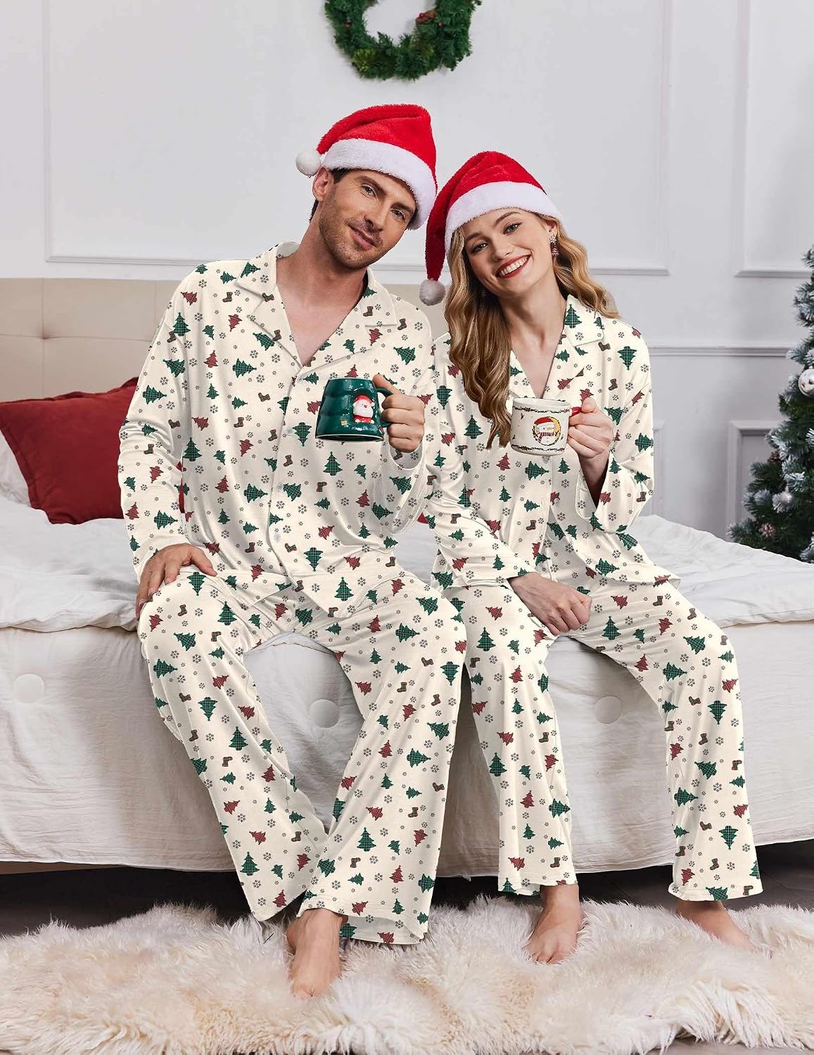 image:imageEkouaer Matching Christmas Pajamas for Couples Long Sleeve Button Up PJ SetWhite Tree