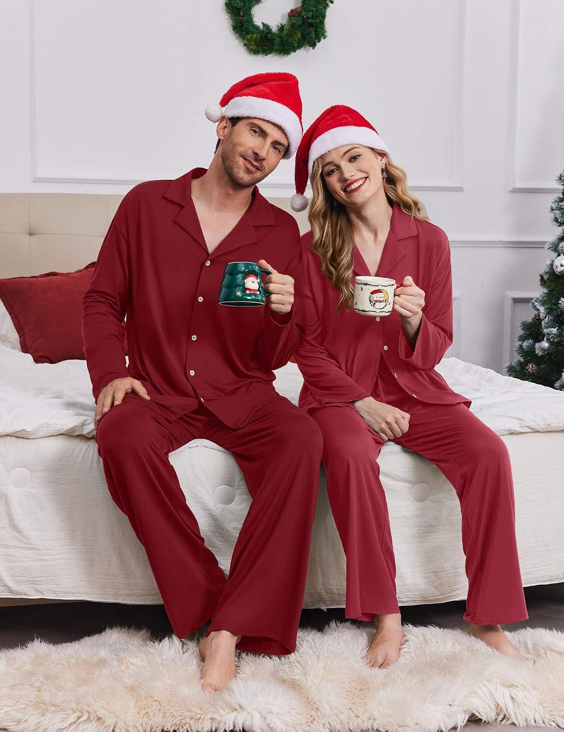image:imageEkouaer Matching Christmas Pajamas for Couples Long Sleeve Button Up PJ SetWine Red