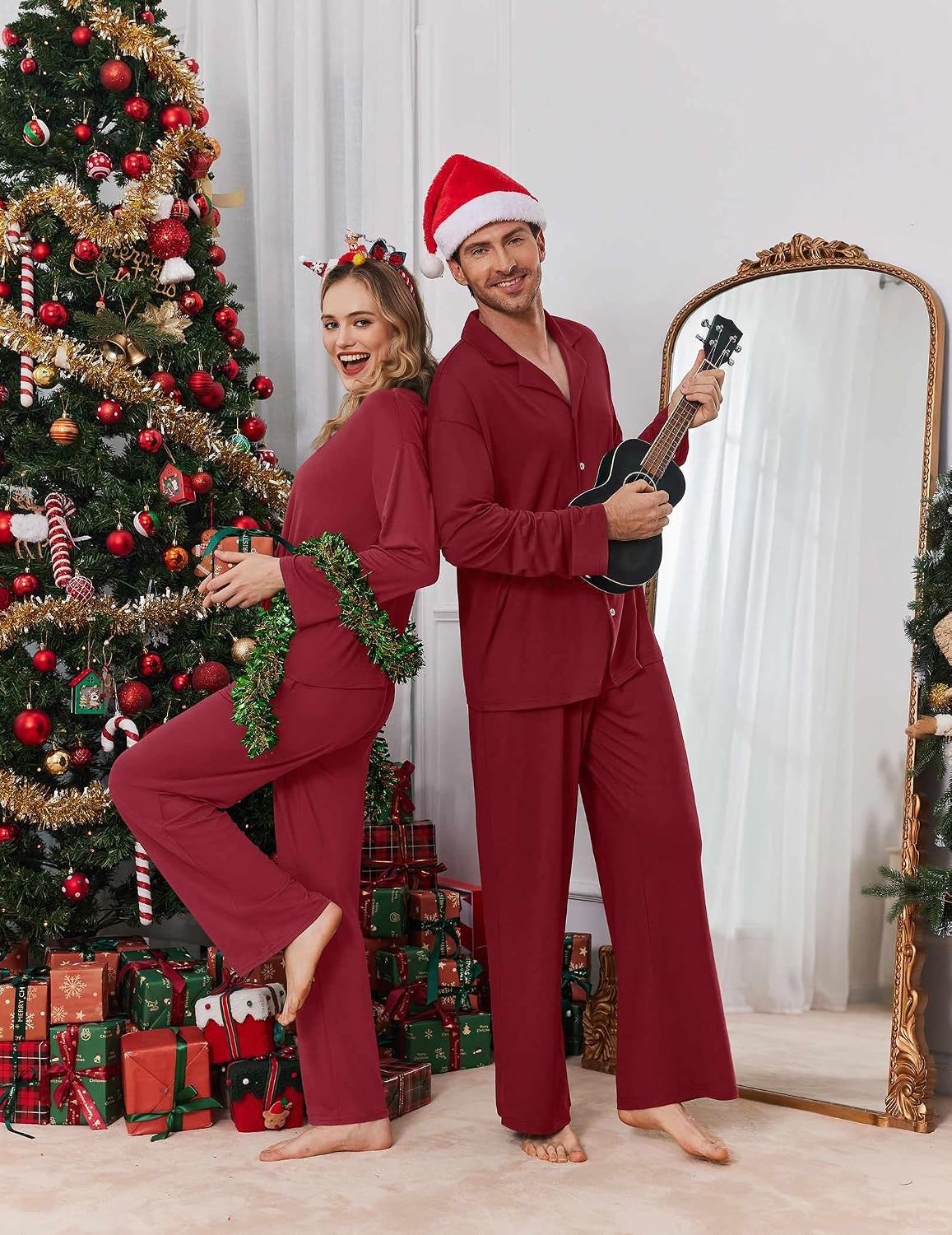 image:imageEkouaer Matching Christmas Pajamas for Couples Long Sleeve Button Up PJ SetWine Red