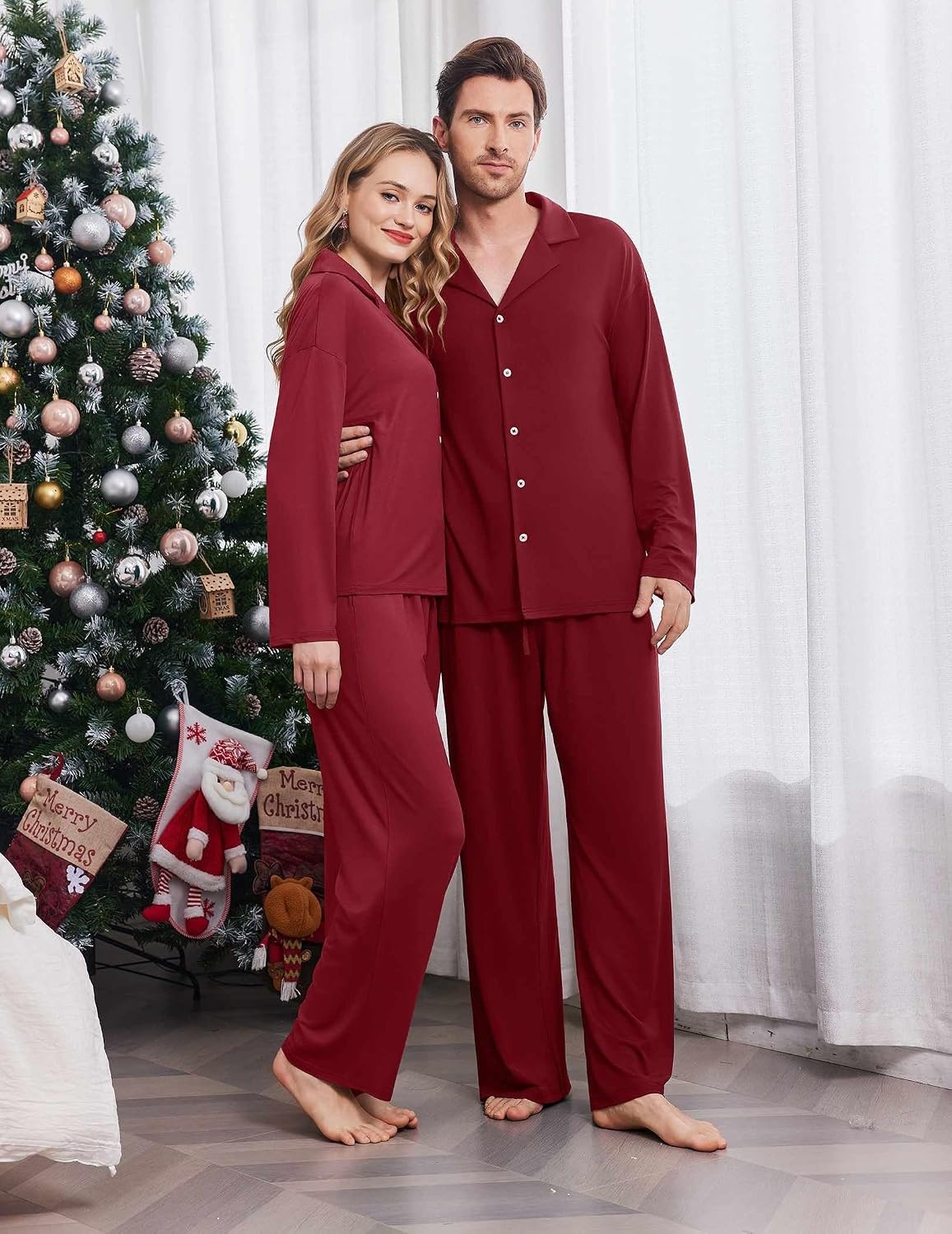 image:imageEkouaer Matching Christmas Pajamas for Couples Long Sleeve Button Up PJ SetWine Red
