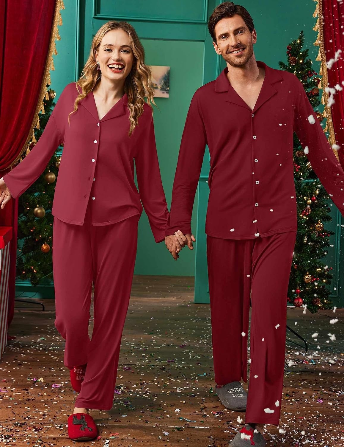 image:imageEkouaer Matching Christmas Pajamas for Couples Long Sleeve Button Up PJ SetWine Red
