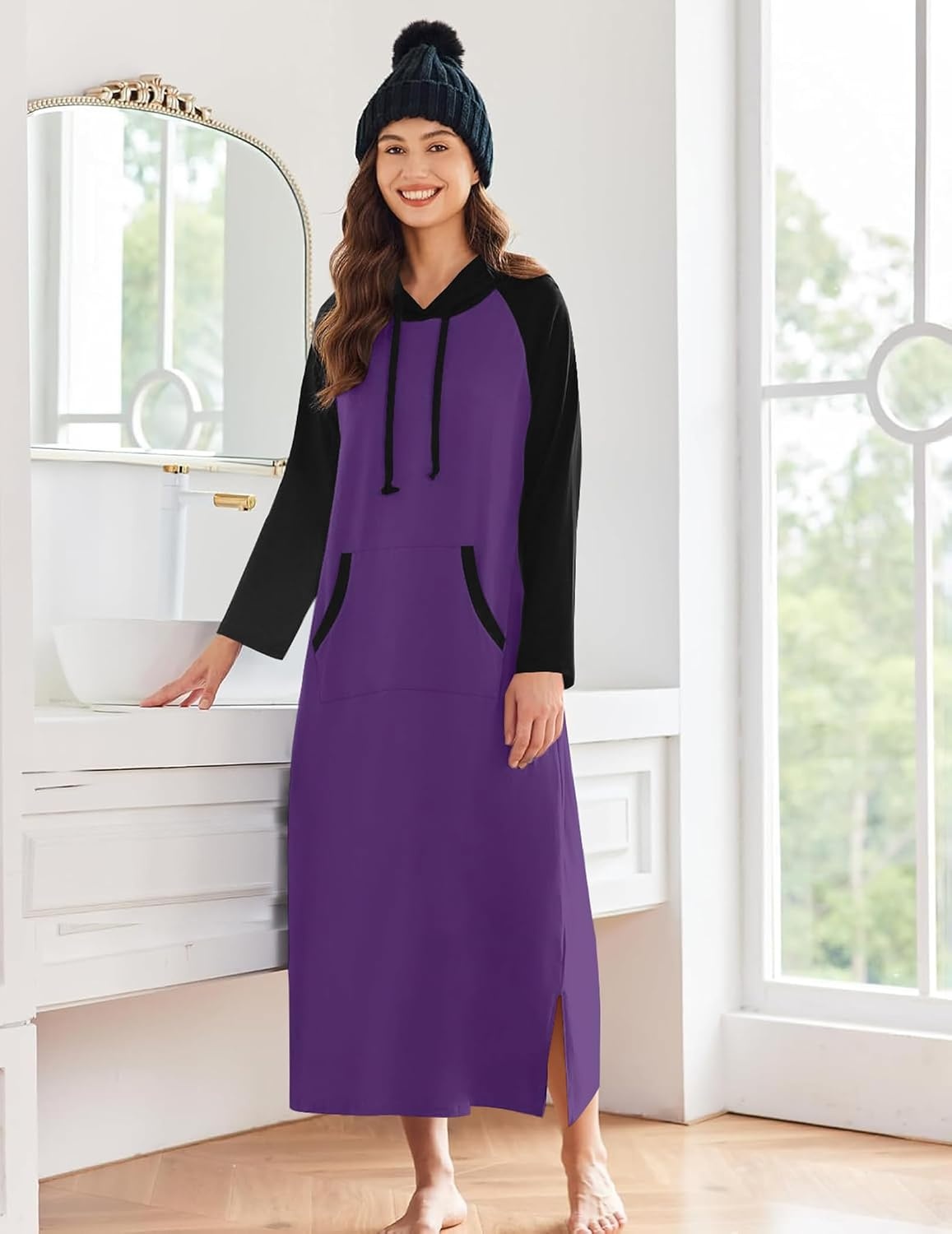 image:imageEkouaer Nightgowns for Women Cotton Nightgown Long Sleeve Hooded Night GownBlackPurple