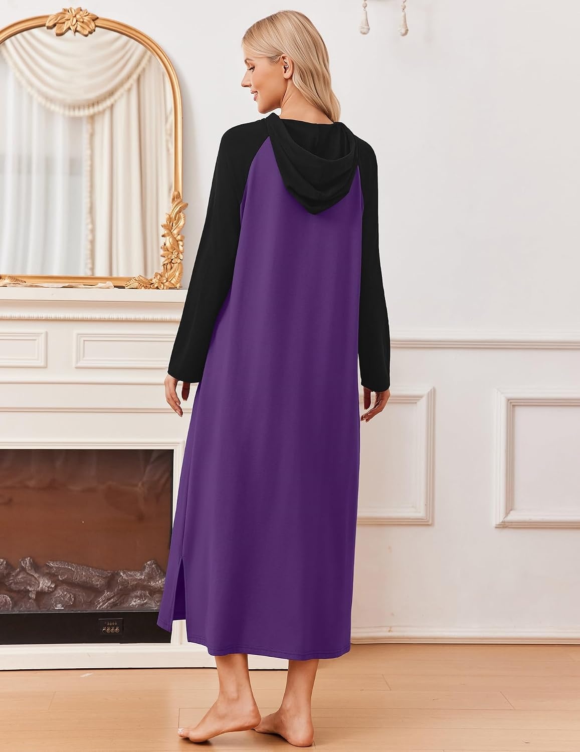 image:imageEkouaer Nightgowns for Women Cotton Nightgown Long Sleeve Hooded Night GownBlackPurple