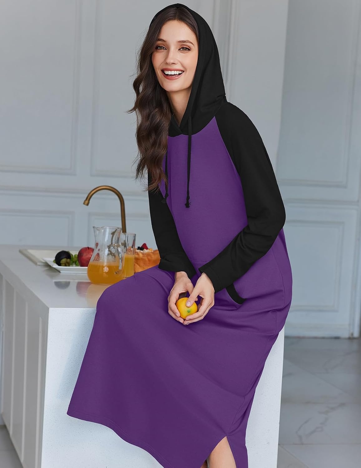image:imageEkouaer Nightgowns for Women Cotton Nightgown Long Sleeve Hooded Night GownBlackPurple