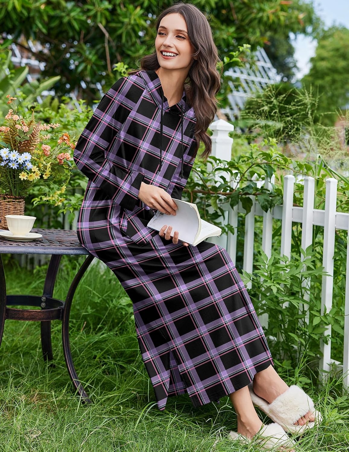 image:imageEkouaer Nightgowns for Women Cotton Nightgown Long Sleeve Hooded Night GownPurple Plaid
