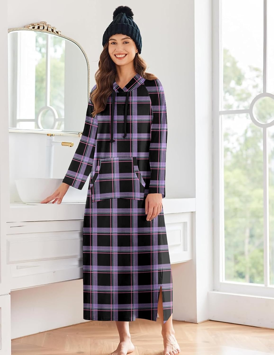 image:imageEkouaer Nightgowns for Women Cotton Nightgown Long Sleeve Hooded Night GownPurple Plaid