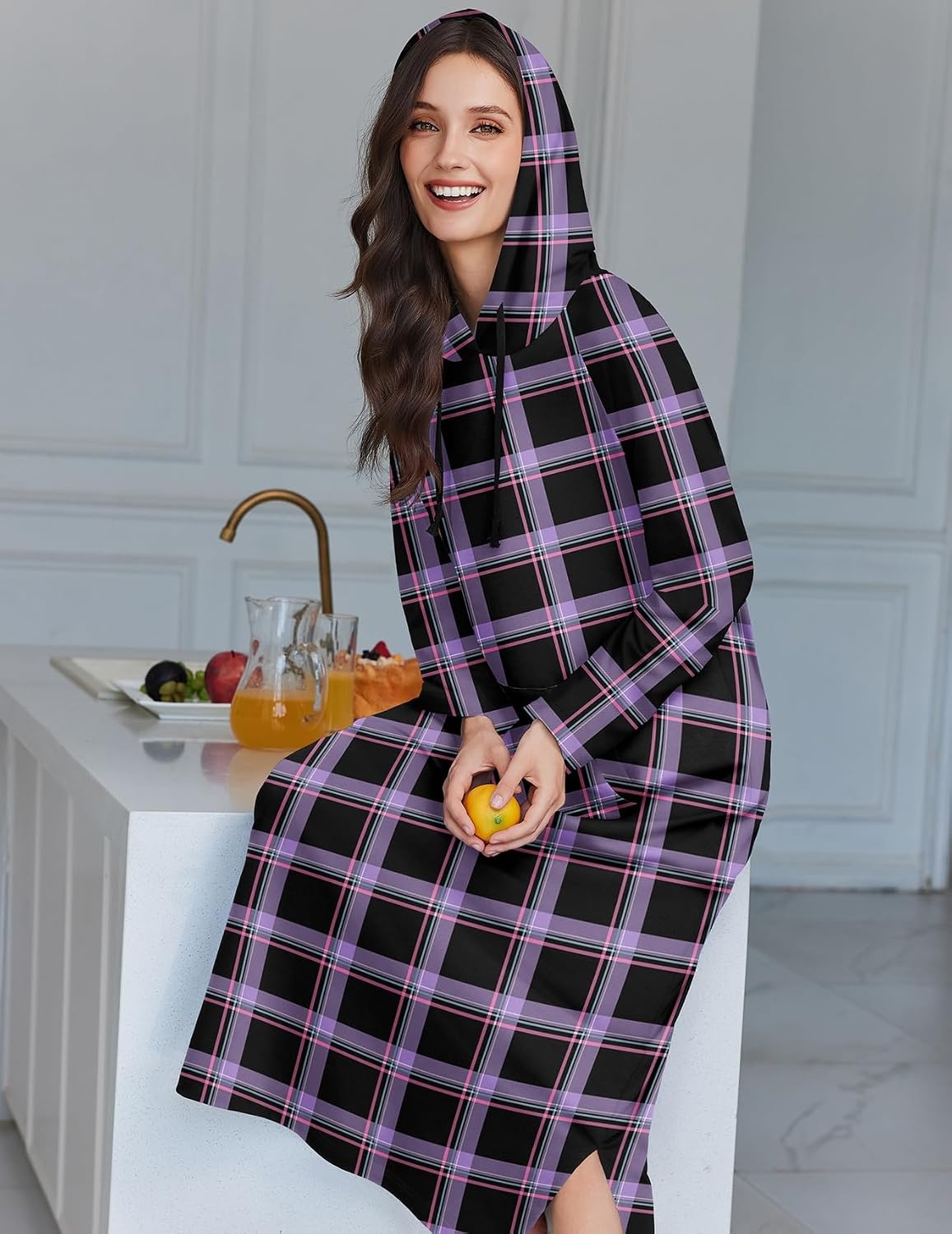 image:imageEkouaer Nightgowns for Women Cotton Nightgown Long Sleeve Hooded Night GownPurple Plaid