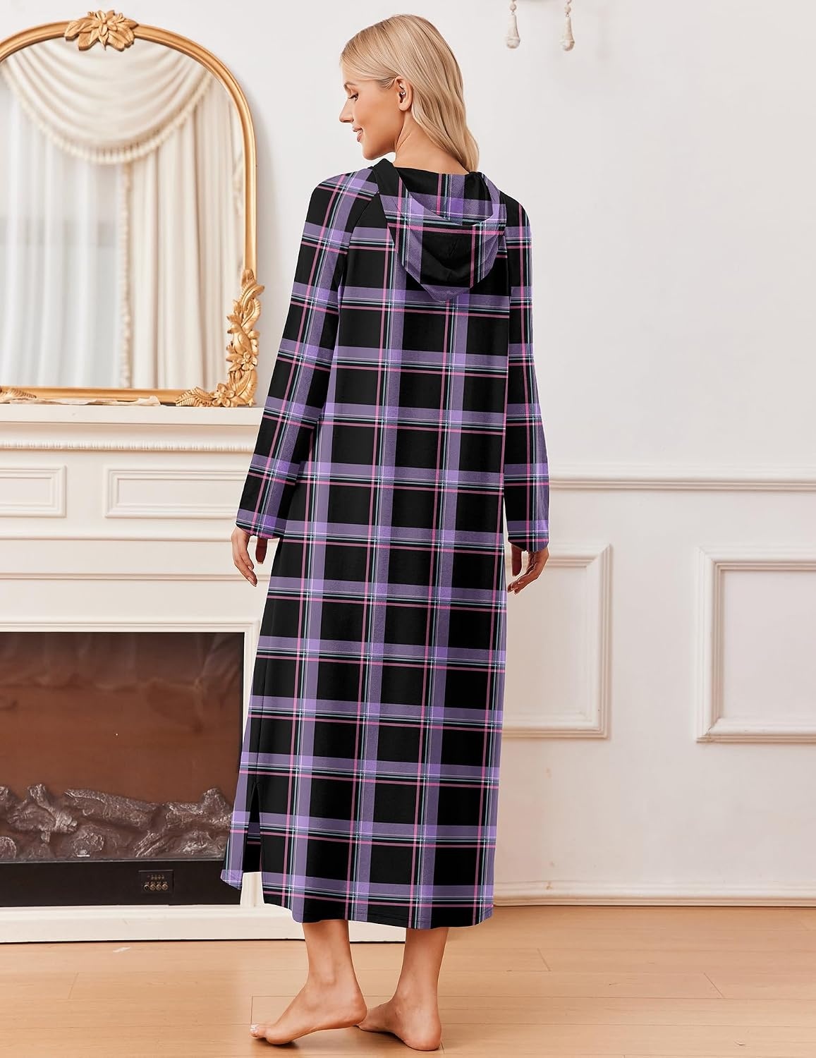 image:imageEkouaer Nightgowns for Women Cotton Nightgown Long Sleeve Hooded Night GownPurple Plaid