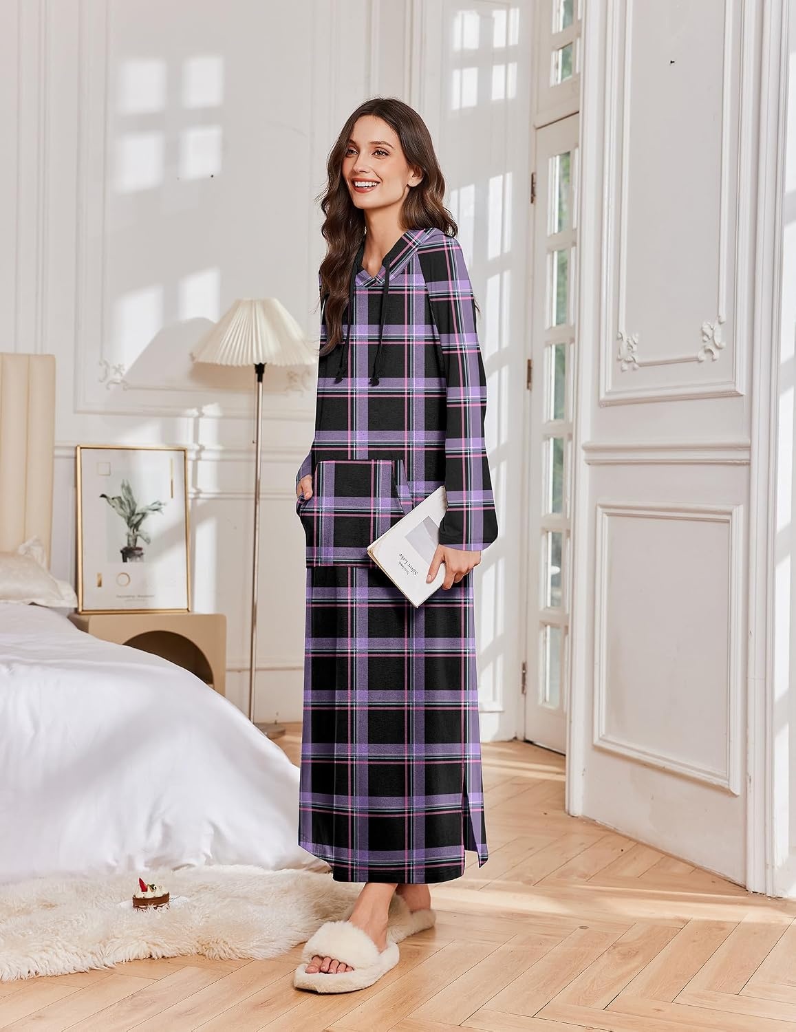 image:imageEkouaer Nightgowns for Women Cotton Nightgown Long Sleeve Hooded Night GownPurple Plaid