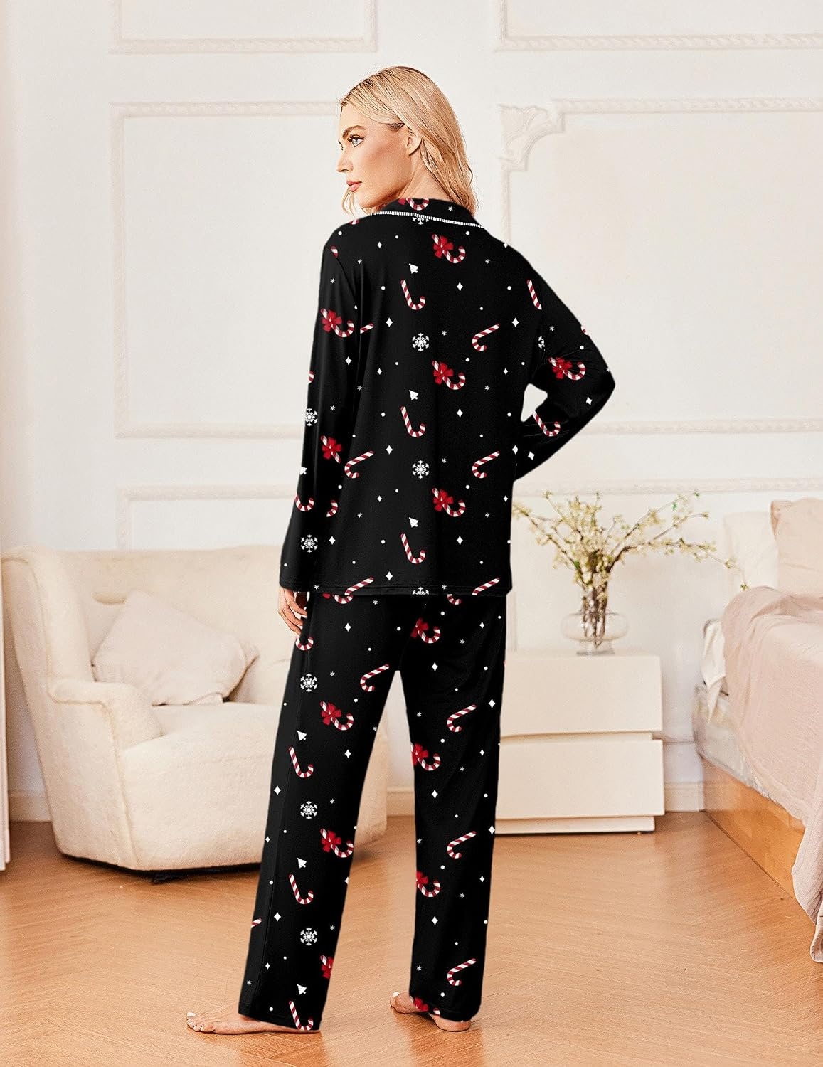 image:imageEkouaer Womens Pajama Sets 2 Piece Long Sleeve Sleepwear Soft Button Up PjsChristmas Black