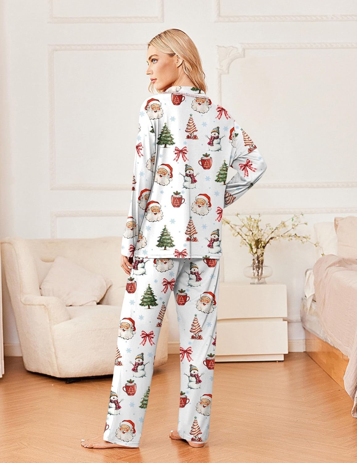image:imageEkouaer Womens Pajama Sets 2 Piece Long Sleeve Sleepwear Soft Button Up PjsWhite Santa