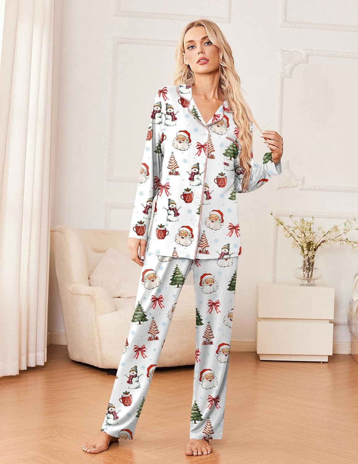 image:imageEkouaer Womens Pajama Sets 2 Piece Long Sleeve Sleepwear Soft Button Up PjsWhite Santa