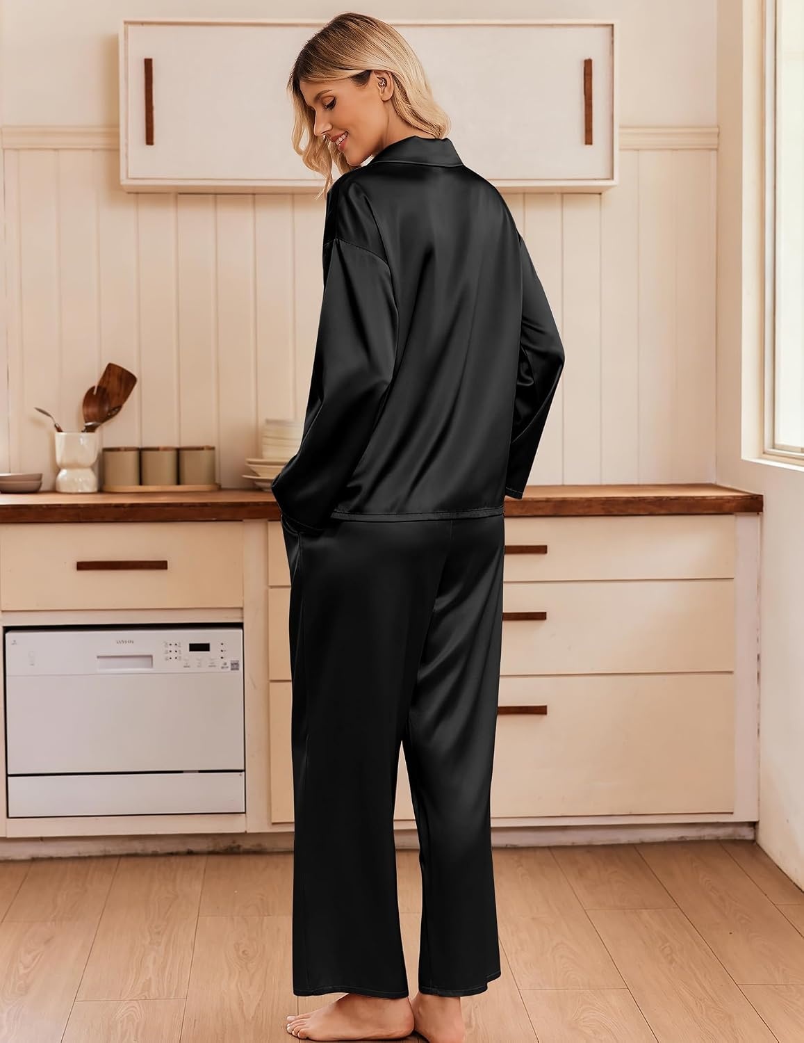 image:imageEkouaer Womens Satin Silk Pajamas Long Sleeve Button Up Pjs Lounge SetsBlack