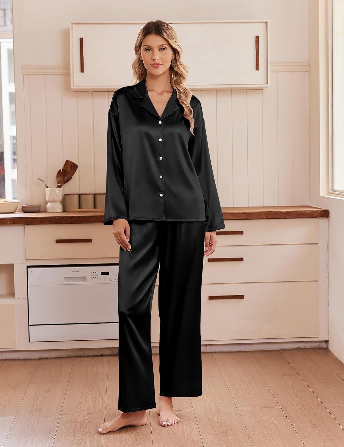 image:imageEkouaer Womens Satin Silk Pajamas Long Sleeve Button Up Pjs Lounge SetsBlack